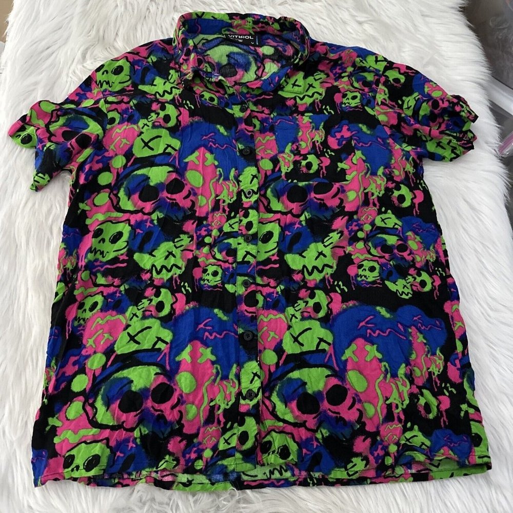 Vitriol womens M skull spray paint button up shirt boxy fit neon